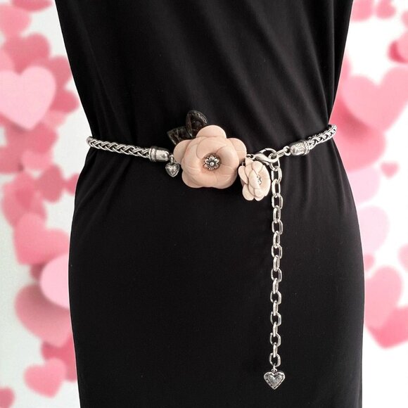 Brighton Leather Flowers Hearts Chain Belt Size Silver Tone Adjustable M 31"-35" - Picture 1 of 5